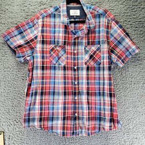 Flag & Anthem Shirt Mens XXL Red & Blue Plaid Short Sleeve Button Up Classic Fit